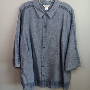 EUC CJ Banks Blue Linen and Cotton Blend Blouse with Lace Size 1X